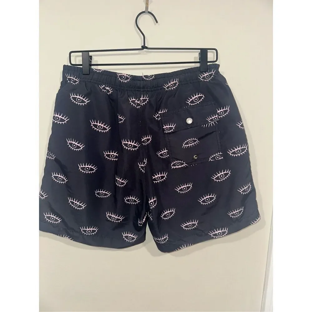 Mens Bather Swim Trunks Gray Pink Eyes Lined Medium